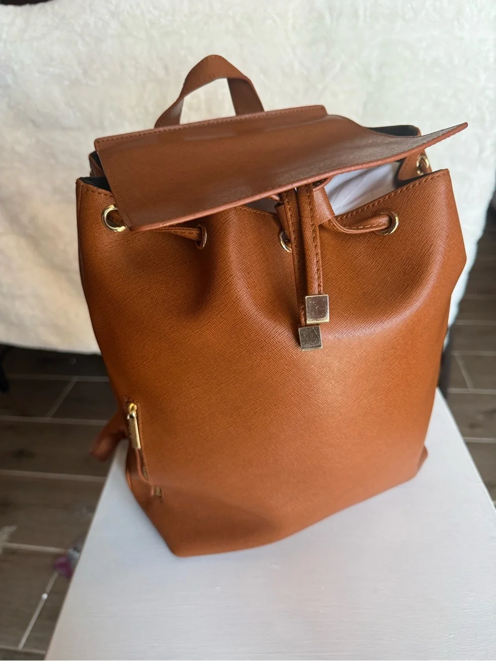 Barneys New York Cognac Saffiano Leather Bucket Backpack
